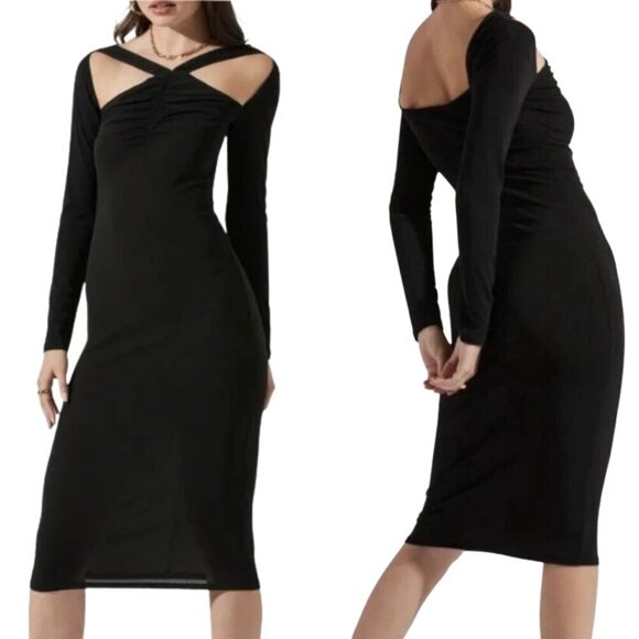 ASTR The Label Long Sleeve Cut Out Bodycon Midi Dress Women's Medium Black NWT - Picture 2 of 16